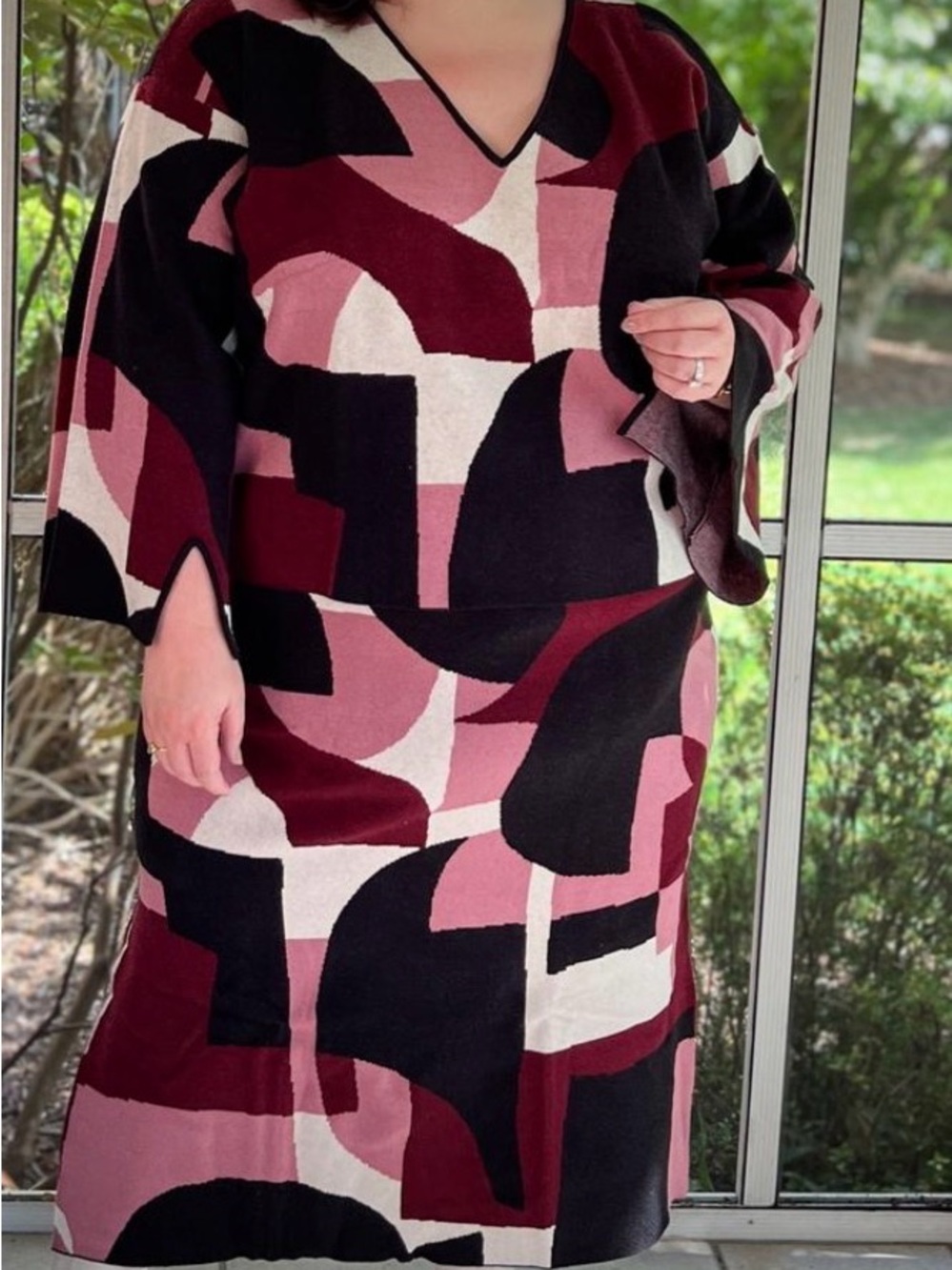 Eloquii Geometric Colorblock Maxi Skirt & Top - Pink, Burgundy & Black